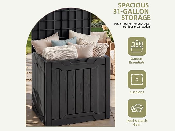 30 Gallon Deck Box Outdoor Storage Bench, Wood-Like Texture Resin Patio Box with Lockable Lid, Waterproof UV Resistant Outdoor Seat for Patio, Garden, Poolside