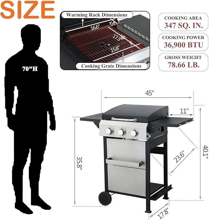 3 Burner BBQ Propane Gas Grill with Plancha Griddle, Stainless Steel Patio Garden Barbecue Grill with Two Side Shelves,36,900 BTU Outdoor Barbecue Cooking with Top Cover Lid