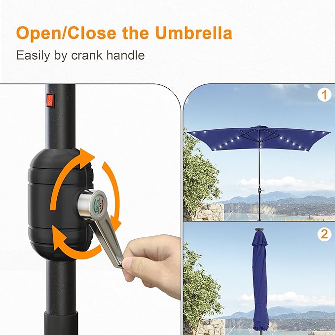 Rectangle Patio Umbrella with Solar Lights, 6x9ft Outdoor Rectangular Table Market Umbrella Patio with Push Button Tilt and Crank for Pool, Deck, Garden,Backyard