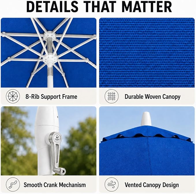 Treasure Garden 9ft Patio Umbrella - Outdoor Furniture Market Umbrella – Deluxe Auto-Tilt – White Aluminum Frame (Sunbrella, Pacific Blue)