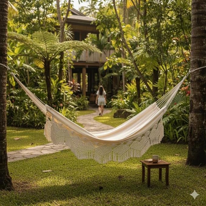 Double Macrame Hammock with Heart Design, Beige 2-Person Hammock for Indoor Outdoor, 79 x 59 Inch Large Boho Hammock with Rope and Hooks for Patio, Porch, Garden, Balcony, and Beach