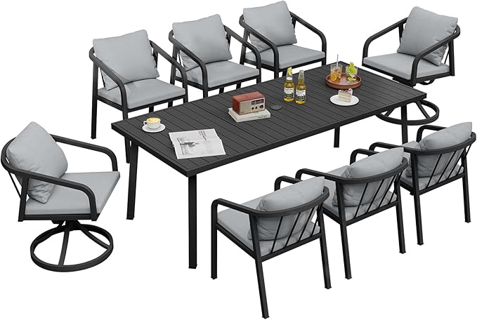 9-Piece Outdoor Dining Set for 8, Never-Rust Aluminum Patio Dining Set with 2 Swivel Chairs, Outdoor Table and Chairs with Removable Cushions, Patio Furniture Set for Deck, Garden, Lawn, Black