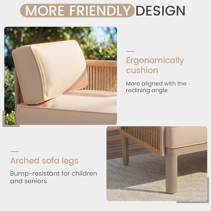 EROMMY 7 Pieces Patio Sectional Furniture Set, Metal Frame Outdoor Conversation Set with Single Seat, 6" Thick Cushions & Coffee Table, All-Weather Sofa for Poolside, Deck & Backyard, Beige