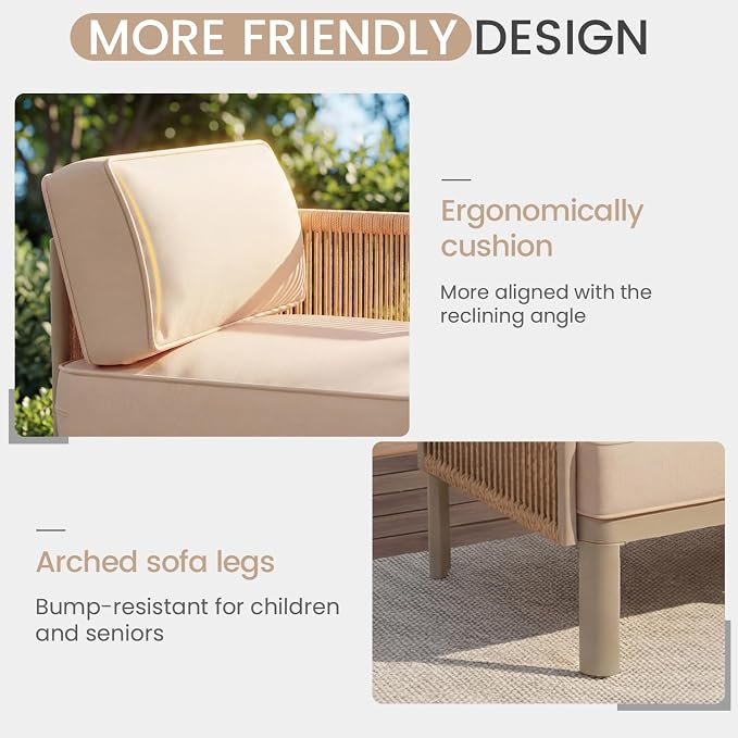 EROMMY 7 Pieces Patio Sectional Furniture Set, Metal Frame Outdoor Conversation Set with Single Seat, 6" Thick Cushions & Coffee Table, All-Weather Sofa for Poolside, Deck & Backyard, Beige