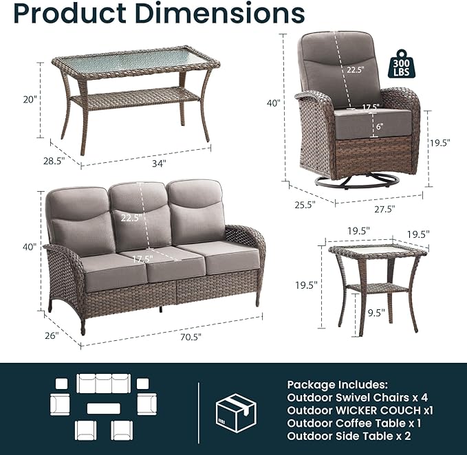 High Back Luxury Patio Furniture Set with 6-inch Thick Cushion, Swivel Rocker Patio Chairs Set of 4 with Outdoor Couch, 8 Piece Wicker Conversation Set for Deck Yard Garden Balcony Gray