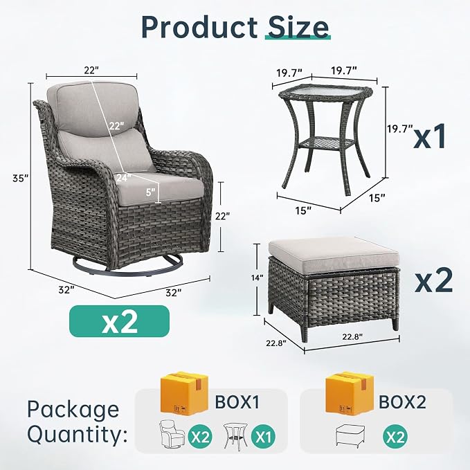 Outdoor Swivel Rocker Patio Chairs with 2 Ottomans - 5" Thick Cushion 5 Piece Furniture Set All Weather Wicker Conversation Set with Side Table for Porch Poolside and Deck - Gray/Beige
