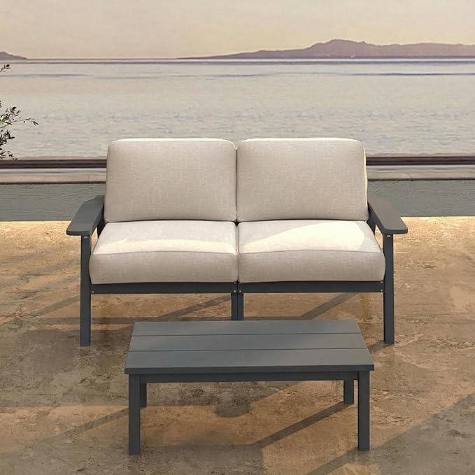 Patio Furniture Set 2 Seats, HDPE Outdoor Sectional with Beige Washable Thick Cushions, Coffee Table, Patio Conversation Sets for Lawn, Garden, Porch, Balcony, Deck (Grey Frame)