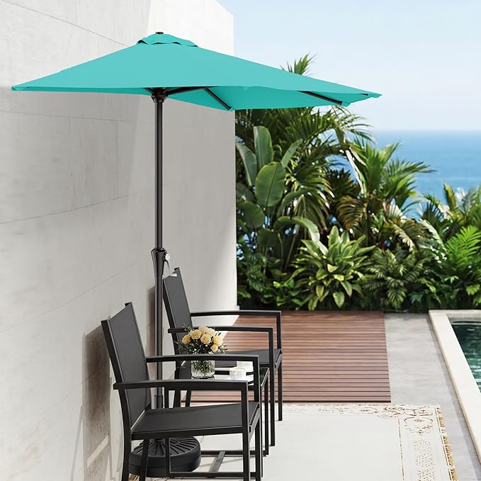 AreShark 9FT Half Patio Umbrella, Outdoor Wall Umbrella with Crank & 5 Sturdy Ribs,Table 1/2 Umbrella Patio for Garden, Deck, Balcony and Pool, Teal Blue