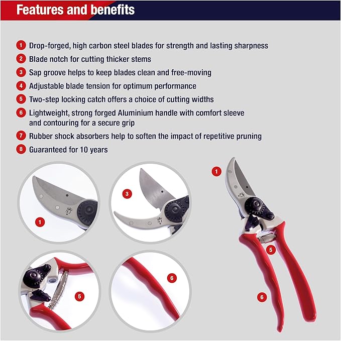 Spear & Jackson Razorsharp Heavy Duty Bypass Pruners, Drop-Forged High Carbon Steel Blades, Adjustable Blade Tension, Ergonomic Handles for Professional Pruning