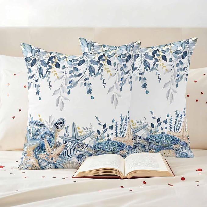 Pack of 2 Blue Turtle Coastal Outdoor Pillow Covers Decorative, Beach Coral Starfish Waterproof Pillow Protector, Nautical Sea Eucalyptus Throw Pillowcases Cushion Cases for Patio Couch Sofa 16"x16"