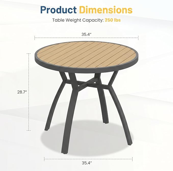 Aluminum Outdoor Table for All-Weather, 35.4" Patio Tables with Heavy Duty HDPS Round Tabletop, Outside Table with Quick-Drying Slatted Design for Porch, Patio, Garden, Deck, Poolside, Backyard