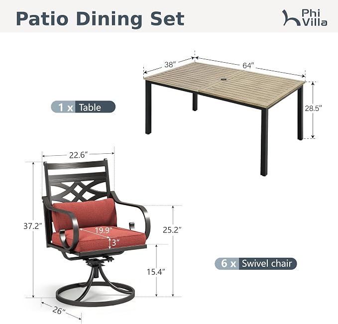 PHI VILLA Patio Dining Set, Swivel Chairs, Square Metal Table | Metal chairs, Red, Umbrella Hole, Cushions, E-coated