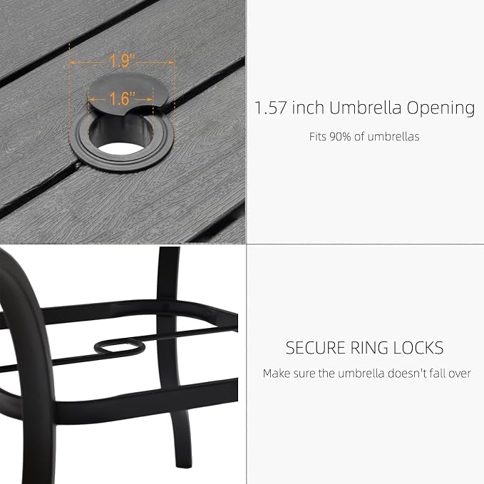 Black 37" Plastic Square Patio Dining Table 3ft for 4 Person with Metal Leg | Plastic Top, Square Table, 3ft, 4 Person Use, Metal Steel Leg, Wood-Like Grain Top, Umbrella Hole, Rust Free