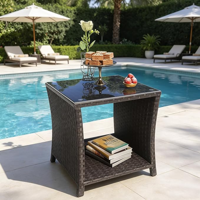 Wicker Rattan Side Table,Outdoor Patio Wicker Table,Modern Patio End Side Table with Glass Countertop and Storage Space,for Garden Balcony Porch