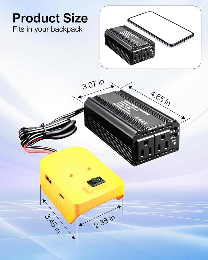 300W Portable Power Inverter Compatible with DeWalt 20V Batteries, DC 20V to AC 110V-120V, Power Converters with 3 USB 1 Type C 2 AC Outlets, Power Station for Vehicles Camping Trip