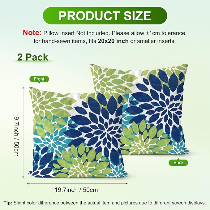 M METERXITY 2-Pack Pillow Cover 20x20 Linen, Blue Green | Water Resistant Floral Decor Slipcover, for Patio, Balcony, Garden, Outdoor Pillow Case