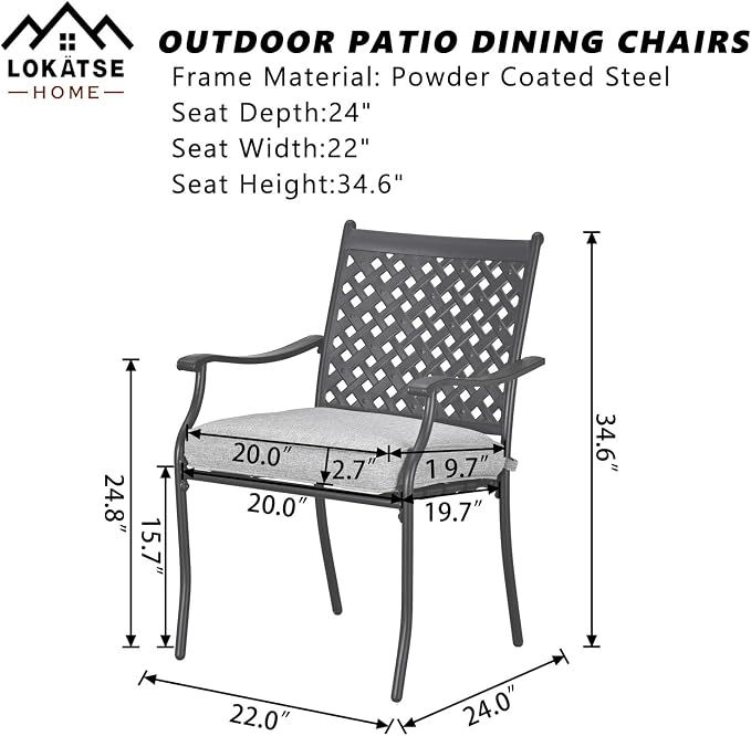 LOKATSE HOME Patio Dining Chairs Set of 4, Stackable Metal Wrought Iron Outdoor Chairs with Armrests & Thick Grey Cushions, All-Weather Heavy Duty Furniture for Garden, Backyard, Deck & Balcony