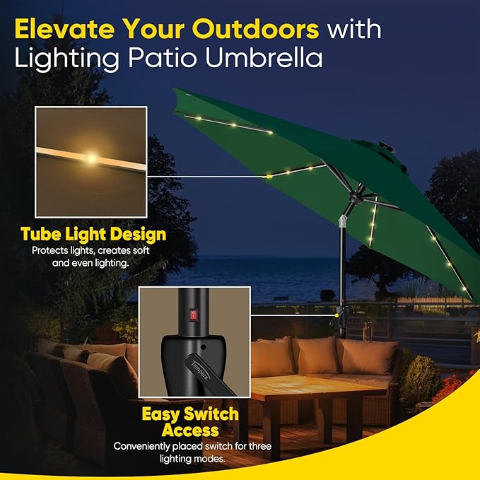 Tempera Solar Patio Umbrella 40 LED Lighted Outdoor Umbrella Table Market Umbrella with Push Button Tilt and Crank, Solar Umbrella with Sturdy Pole&Fade Resistant Canopy, Easy to Set