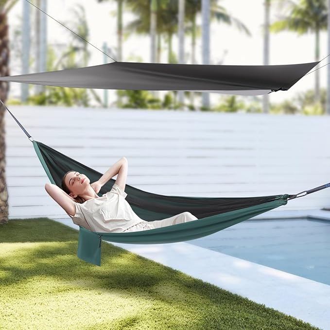 Camping Black Tarp 310 + Green Hammock 290x140, Hammock with Mosquito Net Tent and Rain Fly Tarp, for Backpacking and Travel, Suitable for Outdoor Adventures, Great for Hiking and Picnics