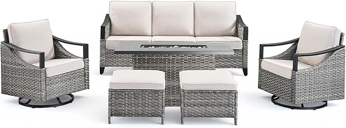 Outdoor Patio Furniture Set with 42.5" Fire Pit Table-6 Pieces All Weather Wicker Outdoor Furniture with High Back Swivel Patio Chairs Set of 2 Outdoor Patio Conversation for Deck Garden Beige/Gray