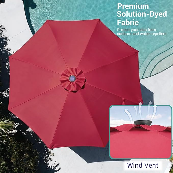 9ft Patio Umbrella Outdoor with Solar Lights,32 LED Lighted Table Market Umbrella with Tilt and Crank, 2-Year-Non-Fading, 8 Sturdy Ribs,for Pool, Deck, Garden,Backyard