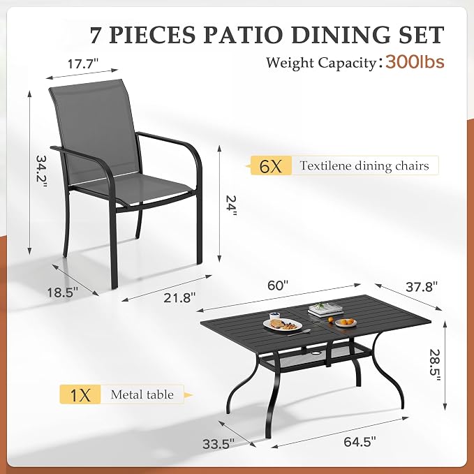 7-Piece Patio Dining Set,6 Person Outdoor Table and Chairs Set, 6 Metal Dining Chairs and Rectangular Outdoor Table with 1.57" Umbrella Hole,Grey