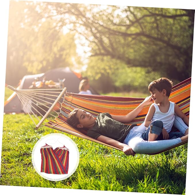 VALICLUD Rainbow Striped Canvas Single Person Hammock for Outdoor Travel and Leisure, Wide Anti-tip Cotton Swing Suitable for Adults, Red Patio Hanging Bed