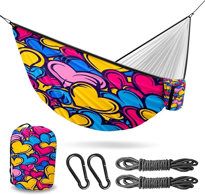 Camping Hammock Double & Single Portable Hammocks with 2 Tree Straps, Great for Hiking,Backpacking,Hunting,Outdoor,Beach,Camping, Heart (45) Pattern