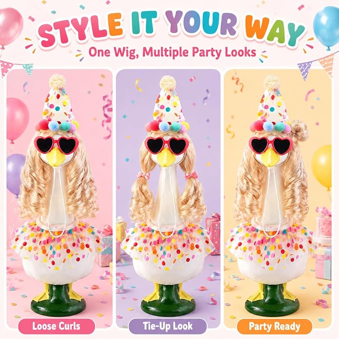 Birthday Porch Goose Outfit 1 Pack with Long Blonde Wig Happy Birthday Hat Scarf Porch Goose Outfits Party Style Outdoor Decor for Lawn Geese Statues