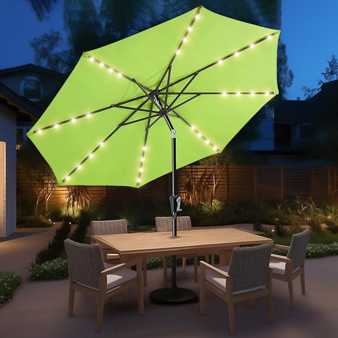 HOMSHADE 9ft Solar Patio Umbrella - Solar Lights LED Lighted Outdoor Market Table Umbrella, UPF50+ UV Protection with Push Button Tilt, Crank for Pool Deck and Garden (Apple Green)