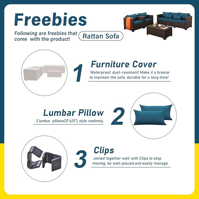 Outdoor Patio Furniture Set 4 Pieces Wicker Outdoor Furniture Chairs and Sofa Patio Storage Table Non-Slip Cushions and Waterproof Covers, Peacock Blue