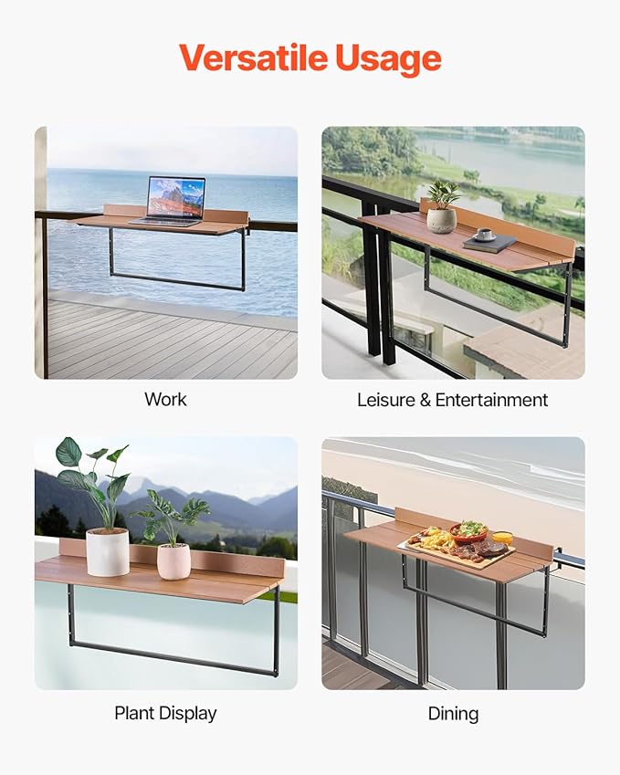 VEVOR Balcony Hanging Table, 39 x 13.6 inch, Outdoor Balcony Bar Table for Railings, 5-Level Adjustable, Fit Railing from 1" to 3.7", Serving Table for Patio & Deck
