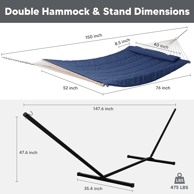 SUNCREAT Double Hammock with Stand, 2 Person Outdoor Hammock with Reversible Pad, Black Hammock Storage Bag, Heavy Duty Carrying Bag