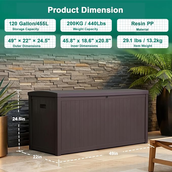 EHHLY Outdoor Storage Box Large-120 Gallon Deck Box with Hydraulic Pistons&Lockable Secure, Waterproof Resin Package Delivery Box for Outside Porch, Curbside, Patio, Home