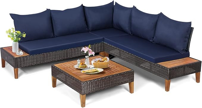 Tangkula 4 Pieces Acacia Wood Patio Conversation Set, Patiojoy Outdoor PE Rattan Sectional Sofa Set with Coffee Table, Corner Sofa & 2 Loveseats, for Backyard Garden Poolside