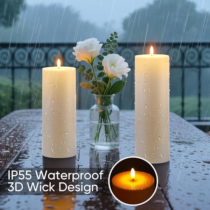 Raycare 4'' X 12'' Large Waterproof Outdoor Flameless Candle, Battery Operated LED Candles with Remote Control and Timer, Electric Fake Plastic Pillar Candles, Ivory