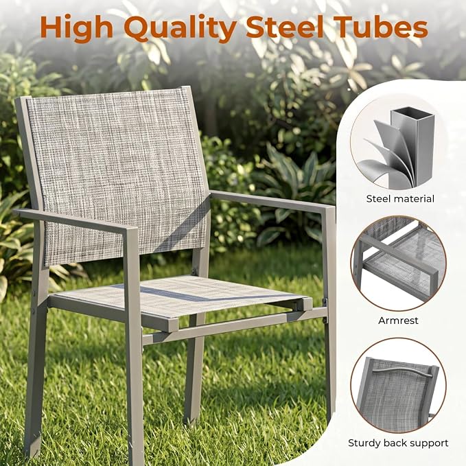 TLSUNNY 7 Piece Patio Dining Set for 6, Outdoor Table and Chairs W/1.69" Umbrella Hole & Metal Frame, 30"X 55" Rectangular Glass Table and Patio Textilene Stackable Chair W/Armrests, for Lawn Deck