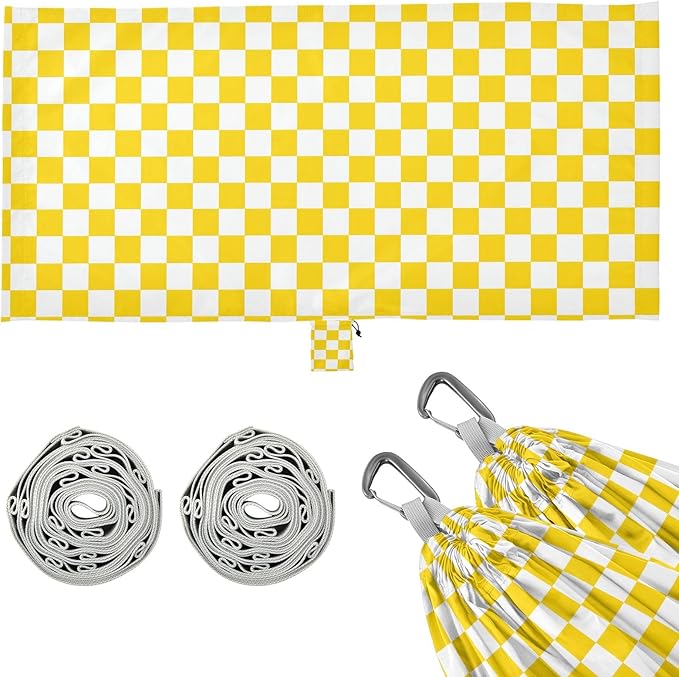 Camping Hammock Outdoor Hammocks for Outside Yellow White Checkered Beach Trees Portable Lightweight with Pockets Tree Straps Indoor