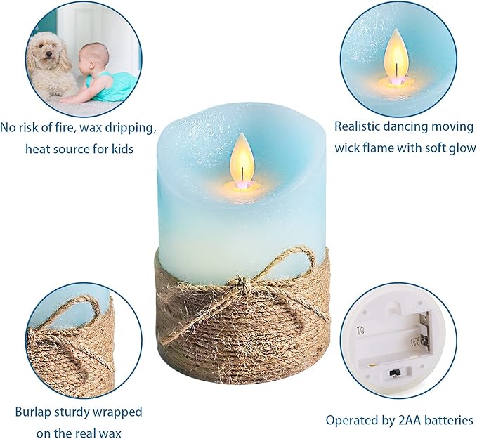 Ocean Blue Flameless Candles, Nautical Themed Led Pillar Candles with Remote & Timer, Decorative Flickering Candles for Gifts, Party, Wedding, Home Decorations - Set of 3