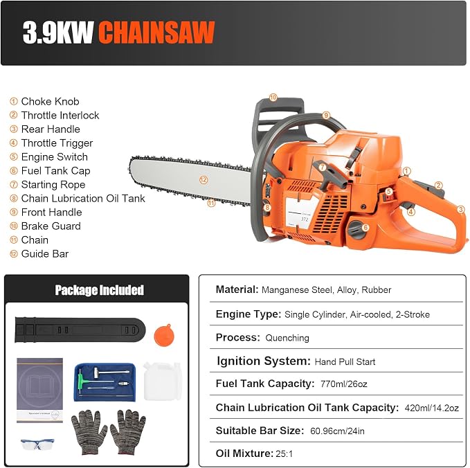 Gas Chainsaw, 24 Inch Gas Sawing Crankcase Chain Saw 72CC 2 Stroke Petrol Handheld Gasoline Chainsaws Top Handle Chainsaw Gas Powered 2700RPM 3900W