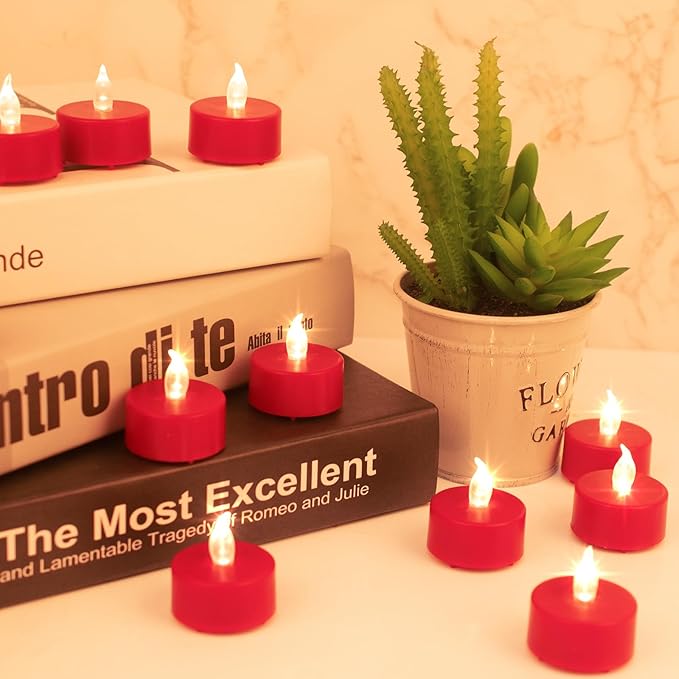 Nancia LED Tea Lights Candles- 24PACK Red Flameless Candles Realistic and Bright Flickering Long Lasting 200Hours for Holiday Celebration,Home Decoration