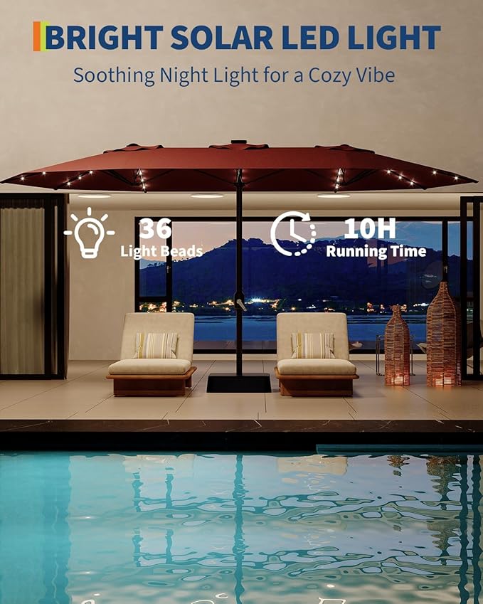 15FT Outdoor Patio Umbrella,Double-Sided Rectangle Market Umbrella with 36 LED Solar Lights & Base,UV50+ Weather-Resistant Oversized Outdoor Umbrella,Crank Lift,3-Way Shade for Pool,Garden,Backyard