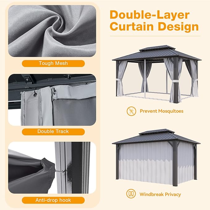 10x14FT Hardtop Gazebo, Metal Frame with Double Galvanized Steel Roof, Permanent Outdoor Pergola with Curtains and Netting Included for Backyard, Patio, Lawn and Garden, Gray
