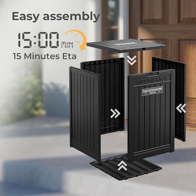 Package Delivery Box for Outside With Sign, Lockable Outdoor Storage Box Waterproof Deck Box, Large Double Wall Resin Parcel Drop Boxes, 48 Gallon, Black