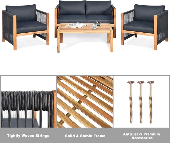 Tangkula Outdoor Wood Furniture Set, Acacia Frame Loveseat Sofa, 2 Single Chairs and Coffee Table, 4 Pieces Conversation Set with Cushions, Garden Balcony Poolside Living (1, Grey)