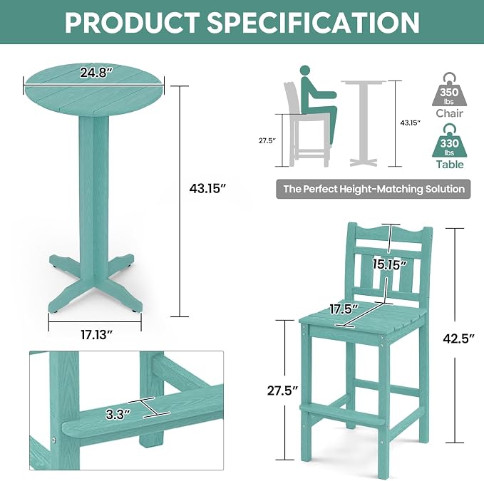 3-Piece Outdoor Bar Set, HDPE Adirondack Bar Height Chairs Set of 2 and Round Bar Table, All Weather Patio Bar Set Outdoor Bar Stools Set for Balcony, Poolside, Backyard (Aruba Blue)