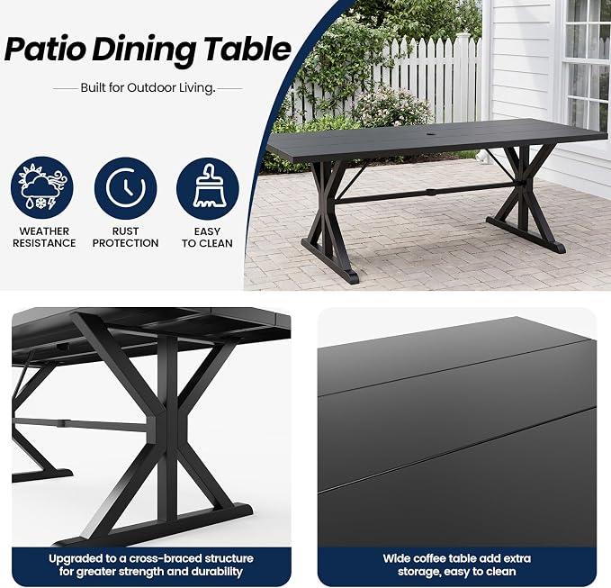 7 Piece Outdoor Dining Set for 6, Metal Patio Table and Chairs with Cushions, Patio Furniture Set with 2 Swivel Chairs, Rectangular Metal Dining Table with Umbrella Hole, Lawn Deck Yard-Grey