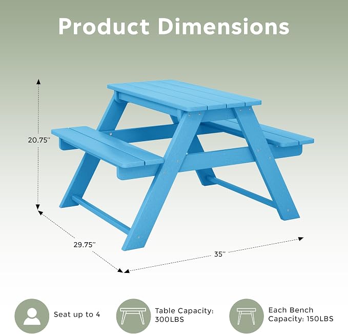 WestinTrends Malibu Outdoor Patio and Indoor Kids HDPE Plastic Picnic Bench Table, Pacific Blue