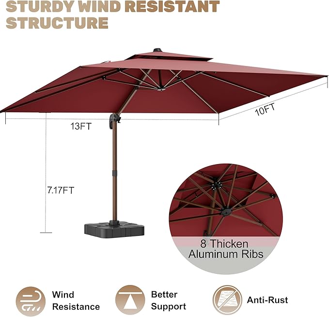 10x13FT Cantilever Outdoor Patio Umbrellas with Base, Double Top Wood Pattern Rectangle Umbrella, Heavy Duty 360°Rotation Offset Umbrella for Garden Deck Pool Patio, Red