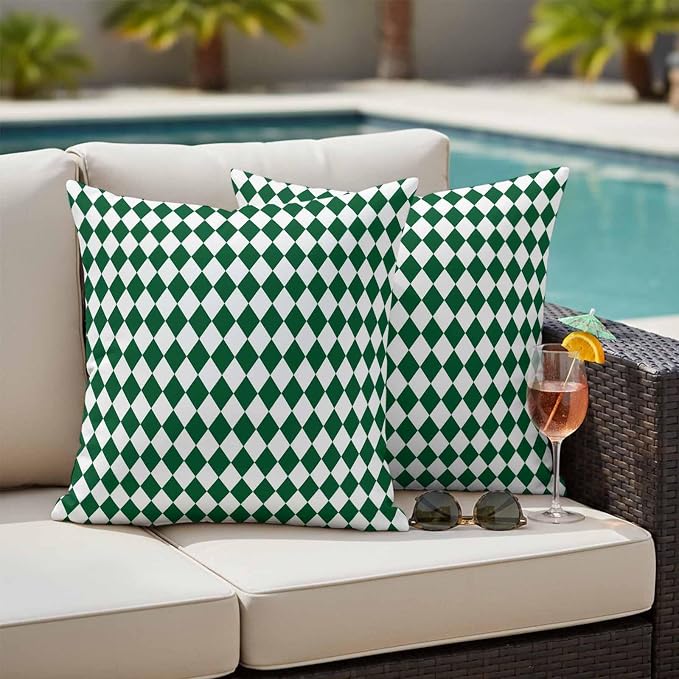Outdoor Throw Pillow Cover Modern Green White Diamond Waterproof Cushion Covers 2 Pack Minimalist Geometric Plaid Pillow Cases Home Decoration for Patio Garden Couch Sofa